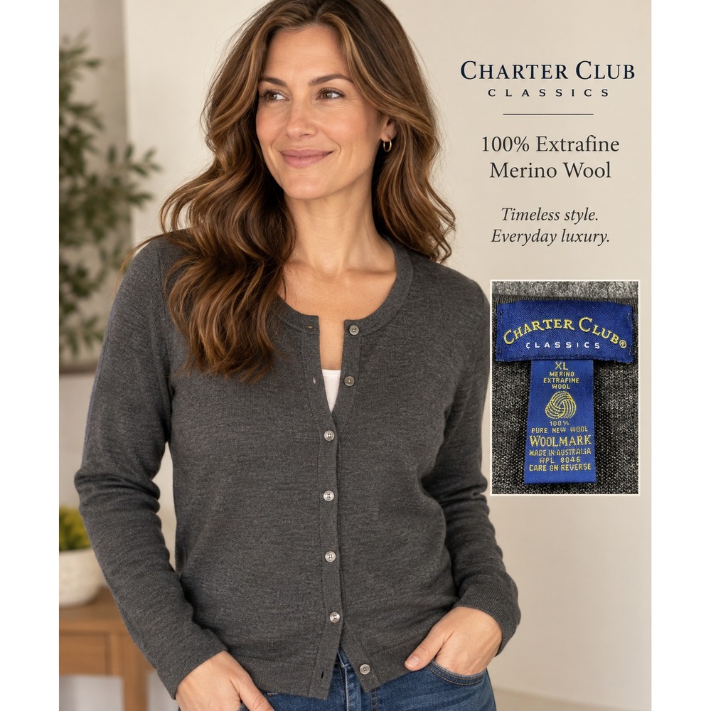 Charter Club Classics Cardigan Sweater XL Brown 100% Merino Woolmark Australia
